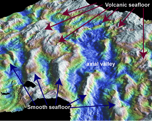 Vue 3D du plancher océanique dit « smooth seafloor » qui présente une morphologie très particulière, spécifique des zones pauvres en magma et inconnue sur les dorsales plus rapides.