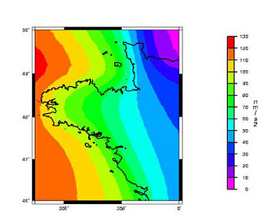 Carte de la surcharge océanique en Bretagne (effets gravifiques en nm.s-2) [d'après Llubes et al. 2000].