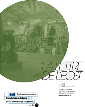 Visuel de la couverture de la Lettre de l'Eost n°51. L'image centrale montre des personnes occupées au dessus d'un trou de forage dans un tunnel de glace.
