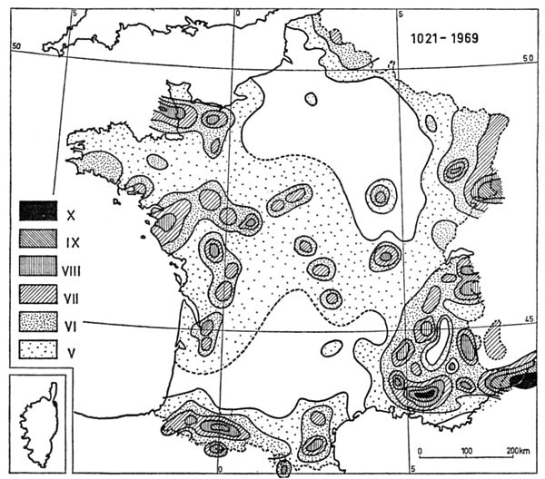 Carte des intensités maximales observées sur la période 1021-1969 - J.P. Rothé 1969